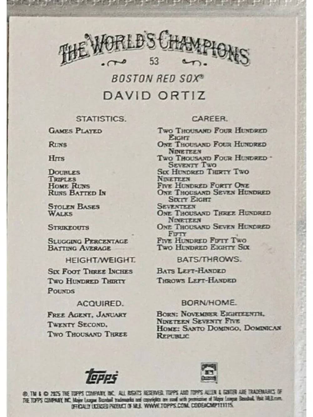 2025 Topps Allen & Ginter #53 David Ortiz card, Boston Red Sox HOF - Picture 2 of 2